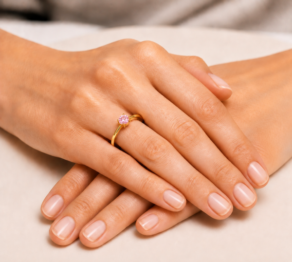 Geltono aukso sužadėtuvių žiedas su Round Pink deimantu (Lab Grown 0.50 ct) ant rankos