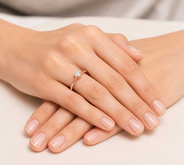 Sužadėtuvių žiedas su Round deimantu (Lab Grown 0.50 ct) raudonas auksas ant rankos